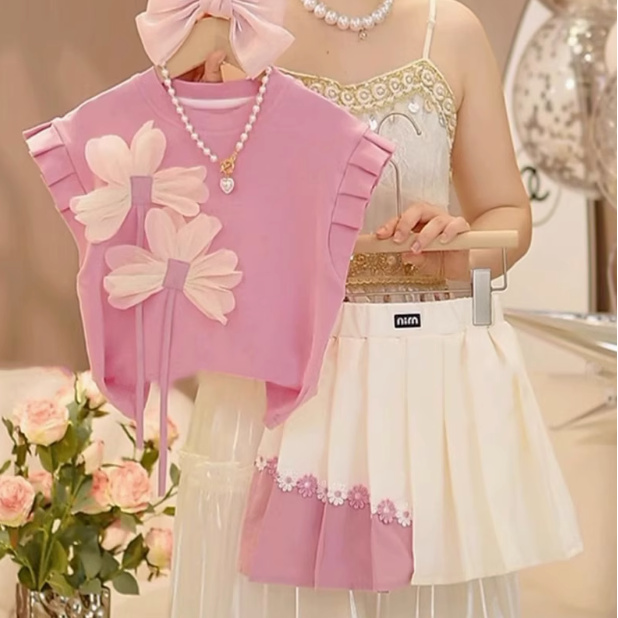 女童夏季套装2025新款儿童甜美夏装女孩短袖百褶裙两件套