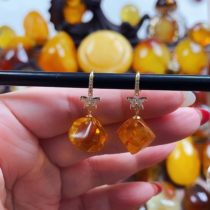 琥珀颈饰银S925镶嵌耳环