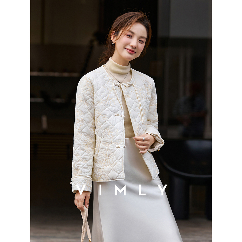 M梵希蔓新中式国风盘扣杏色棉衣外套女冬季新款圆领棉袄棉服A3018