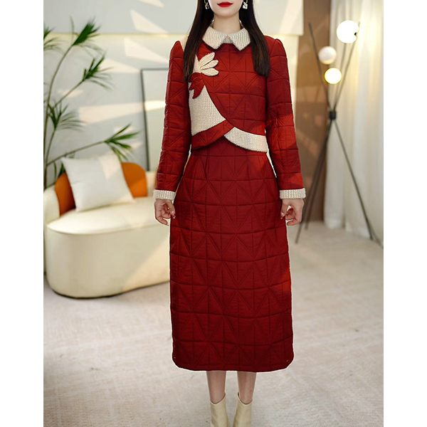 L5978秋冬季加厚夹棉连衣裙保暖复古气质优雅红色假两件显瘦套装