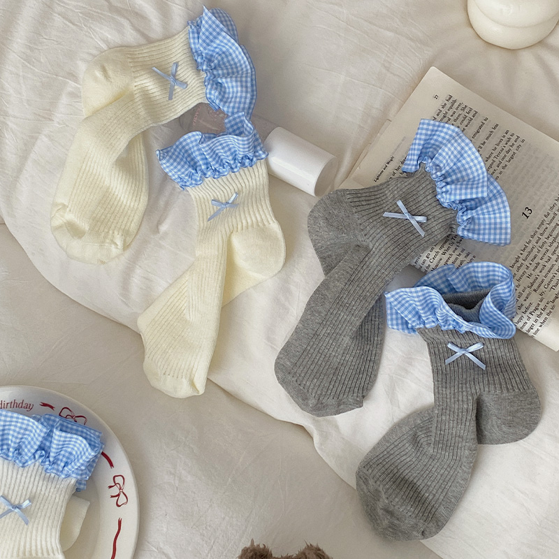 温柔蓝色方格花边袜子韩版竖纹学院风中筒袜春夏季镂空薄款堆堆袜