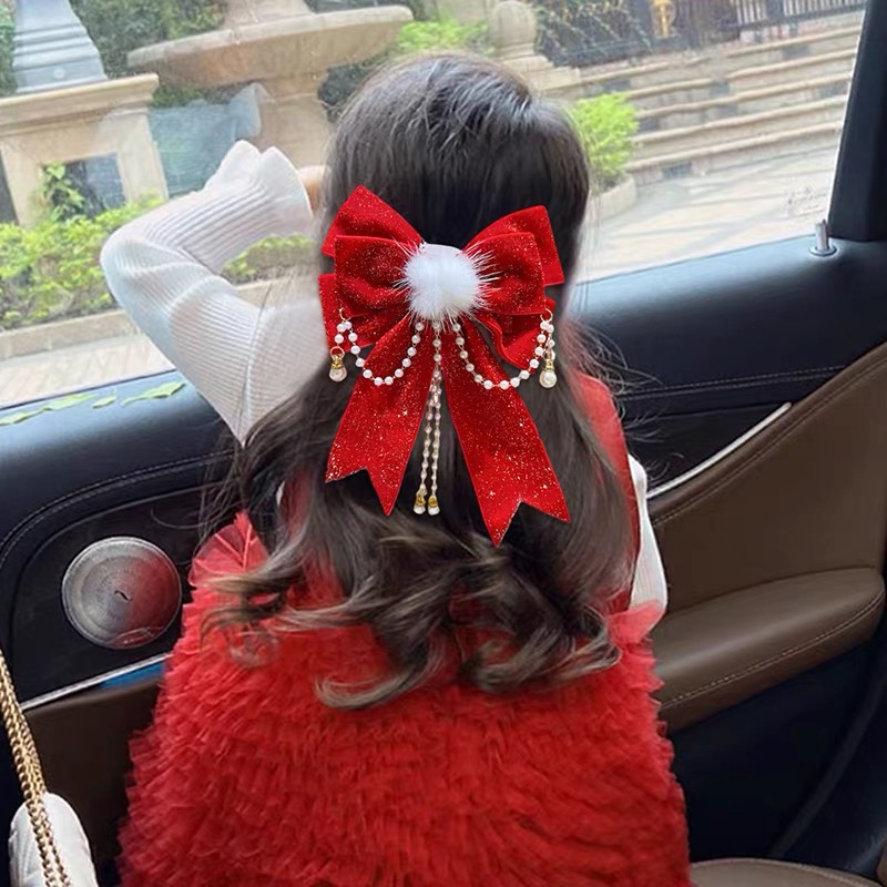 新年中国风红色发夹古风汉服流苏夹子头饰女童蝴蝶结发饰发卡4256