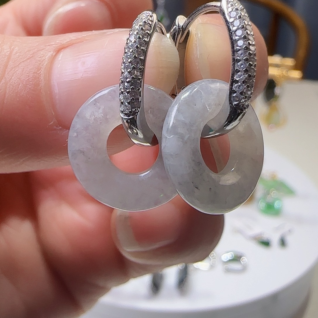 翡翠耳饰银S925镶嵌天然缅甸a货翡翠