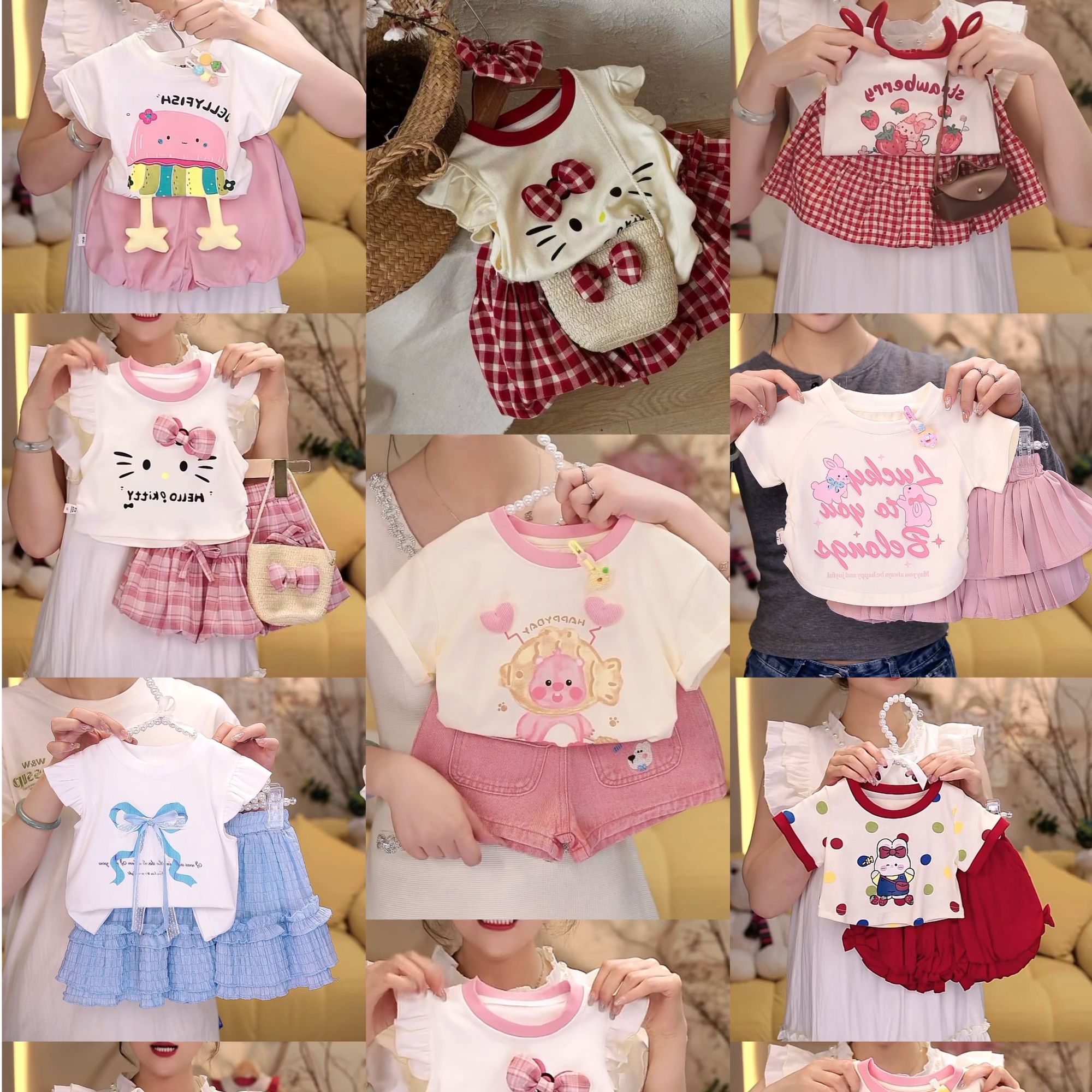 【现货】清仓套头卡通夏季卡通动漫女格子套装女童洋气上衣女宝