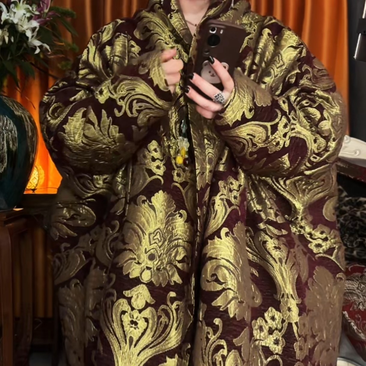 深紫色腰带提花棉袄