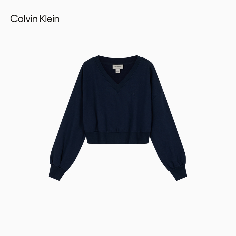 CK Jeans25秋季新款女士复古休闲运动刺绣V领宽松短款卫衣47D280G