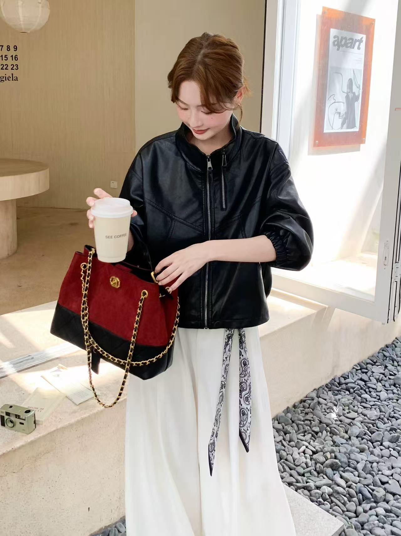 【李姑娘专属】88628立领皮衣外套酷飒风实物加长，以直播间实物为准