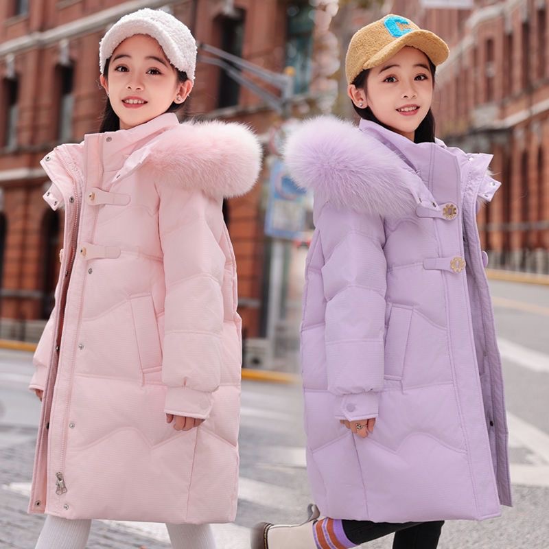 女童中长款休闲风韩版纯色长款冬季过膝棉服洋气中女童冬装外套