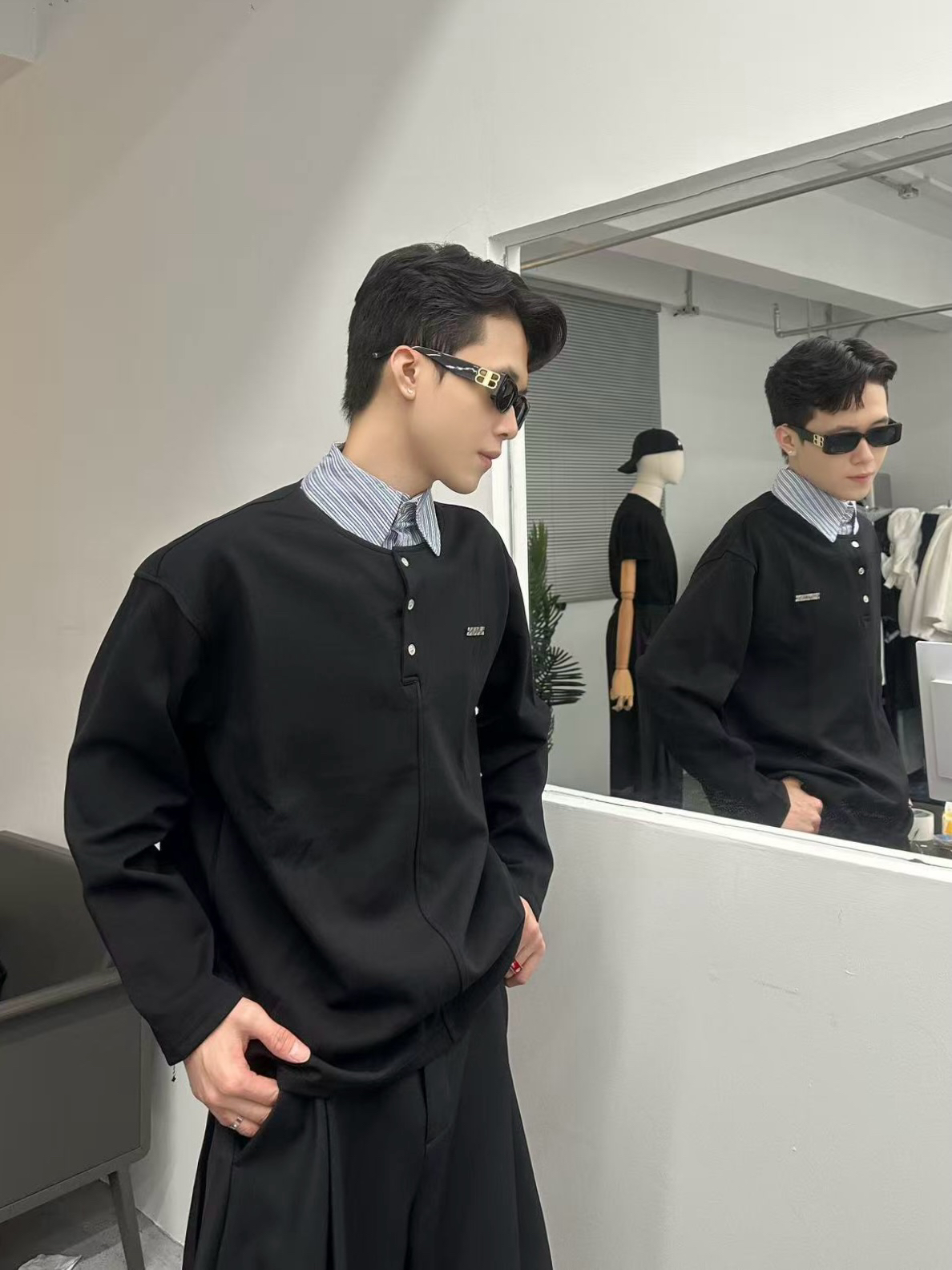 假两件翻领格子立领长袖潮流拼接活力风常规款卫衣POLO03