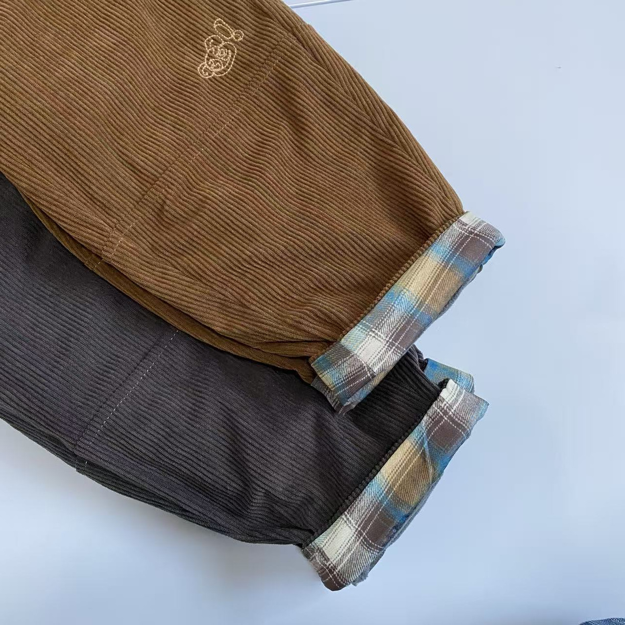 25冬季新款加厚翻边格纹男女童灯芯绒长裤