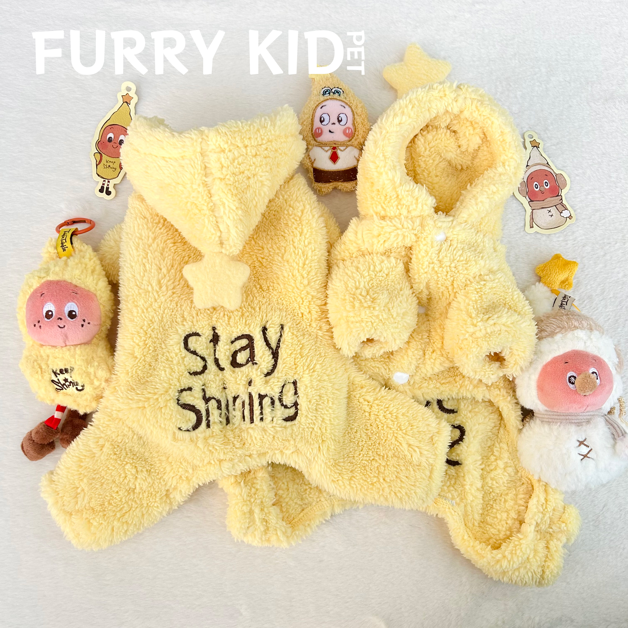 FURRYKID「星星暖绒」奶黄毛绒连帽宠物四脚衣秋冬保暖加绒宠物衣服