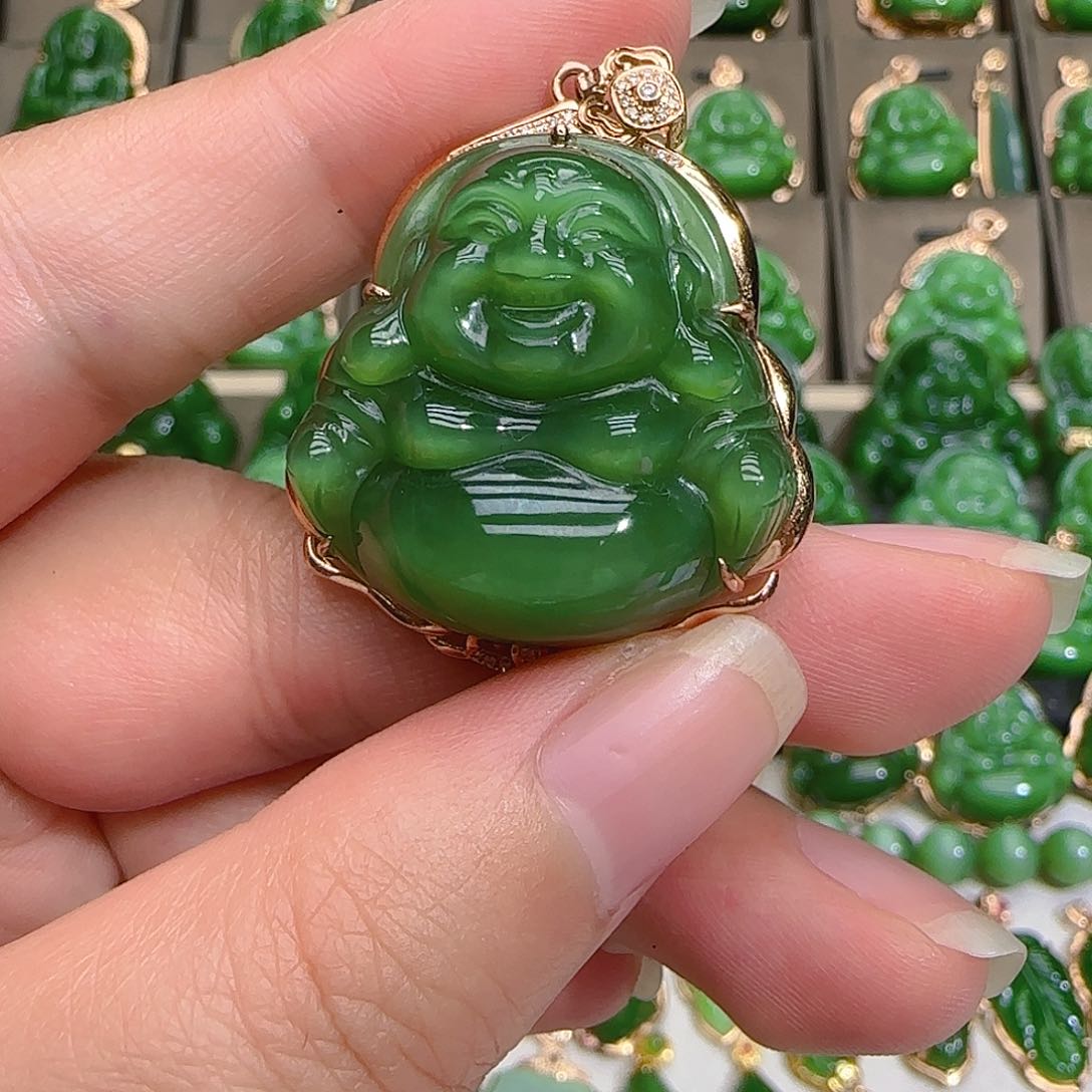 和田玉（碧玉）吊坠(不含链)18K金镶嵌