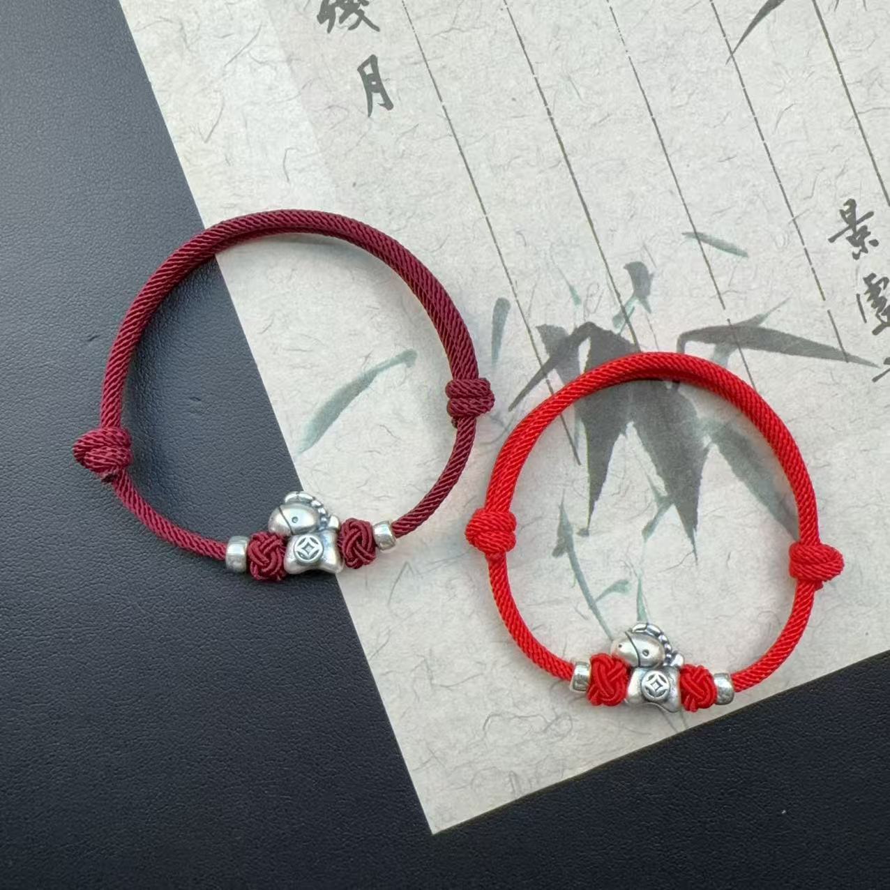 足银手链 本命年生肖马纯银手绳红绳手编编织复古情侣宝宝
