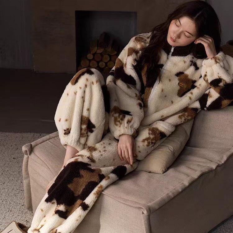 2025舒适风格睡衣冬款加绒加厚外穿睡衣家居服拉链保暖衣套装