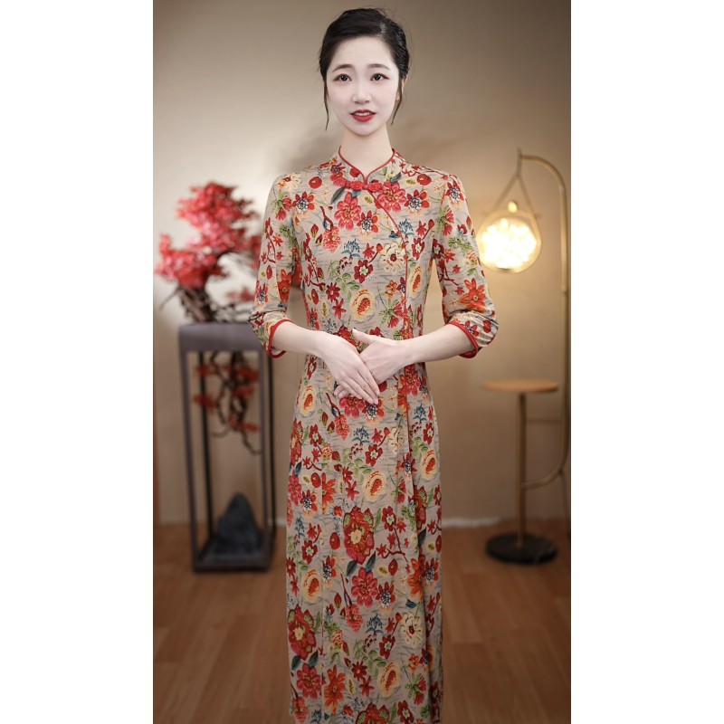 （5号橙花*7分袖6珠）2025春季新品裙子女装连衣裙中国风民国风