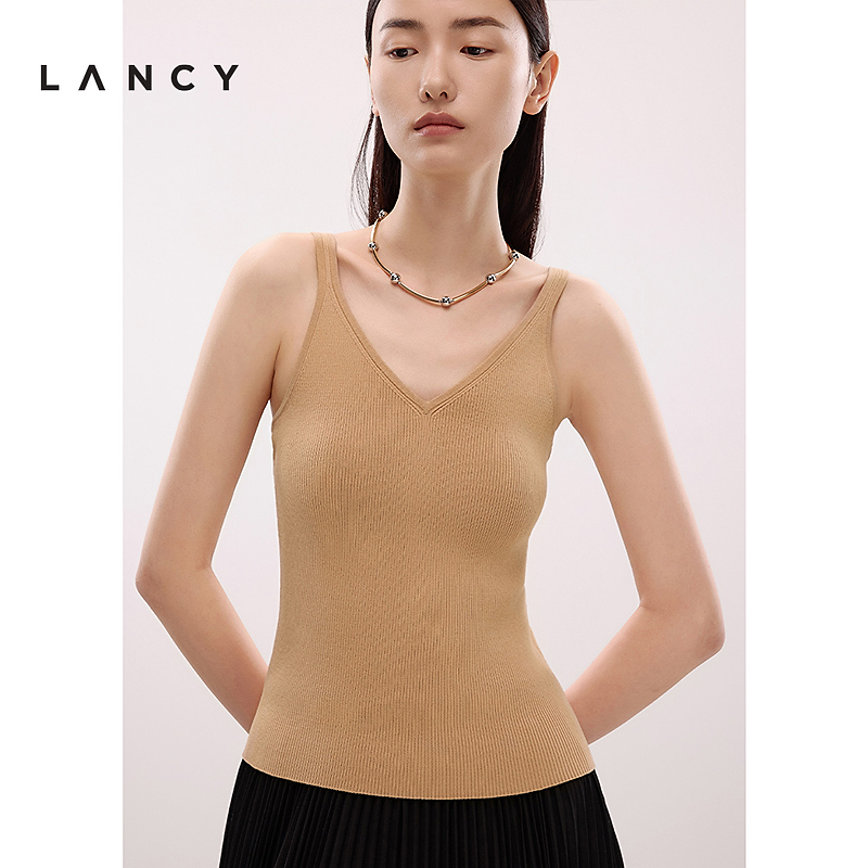 LANCY/朗姿2025年夏新款高级通勤百搭V领修身内搭针织吊带背心女