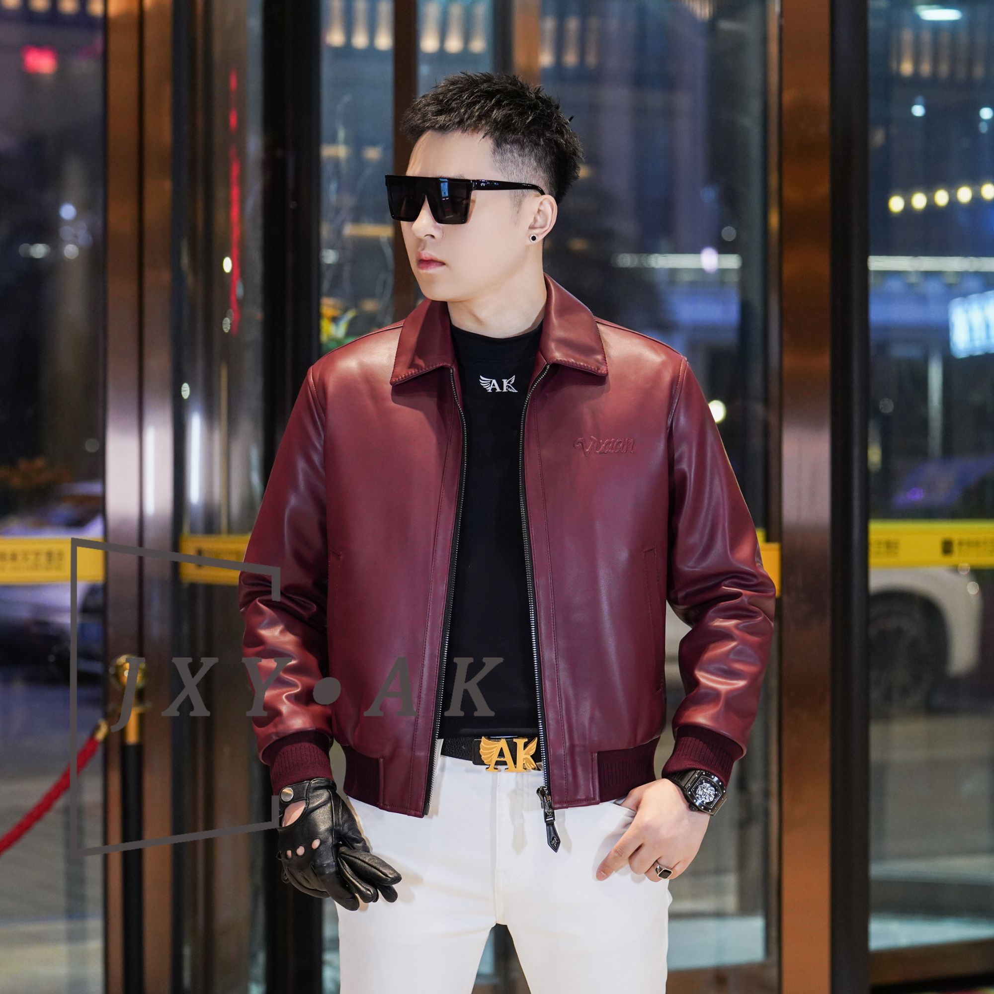 男士2025冬季新款白鹅绒防风保暖皮衣外套纯色百搭时尚翻领夹克