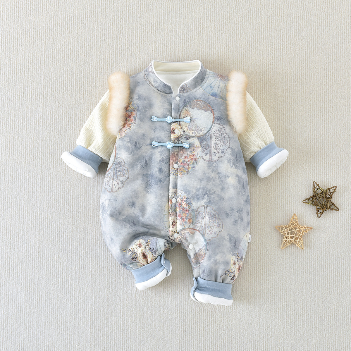 秋冬季新款中国风兔毛200克夹棉男女宝宝外出服洋气国风哈衣连体