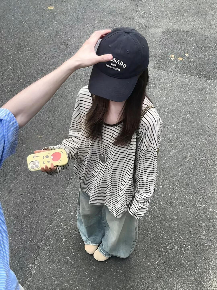 韩系休闲风黑白条纹长袖t恤女早秋2025新款松弛气质宽松慵懒上衣