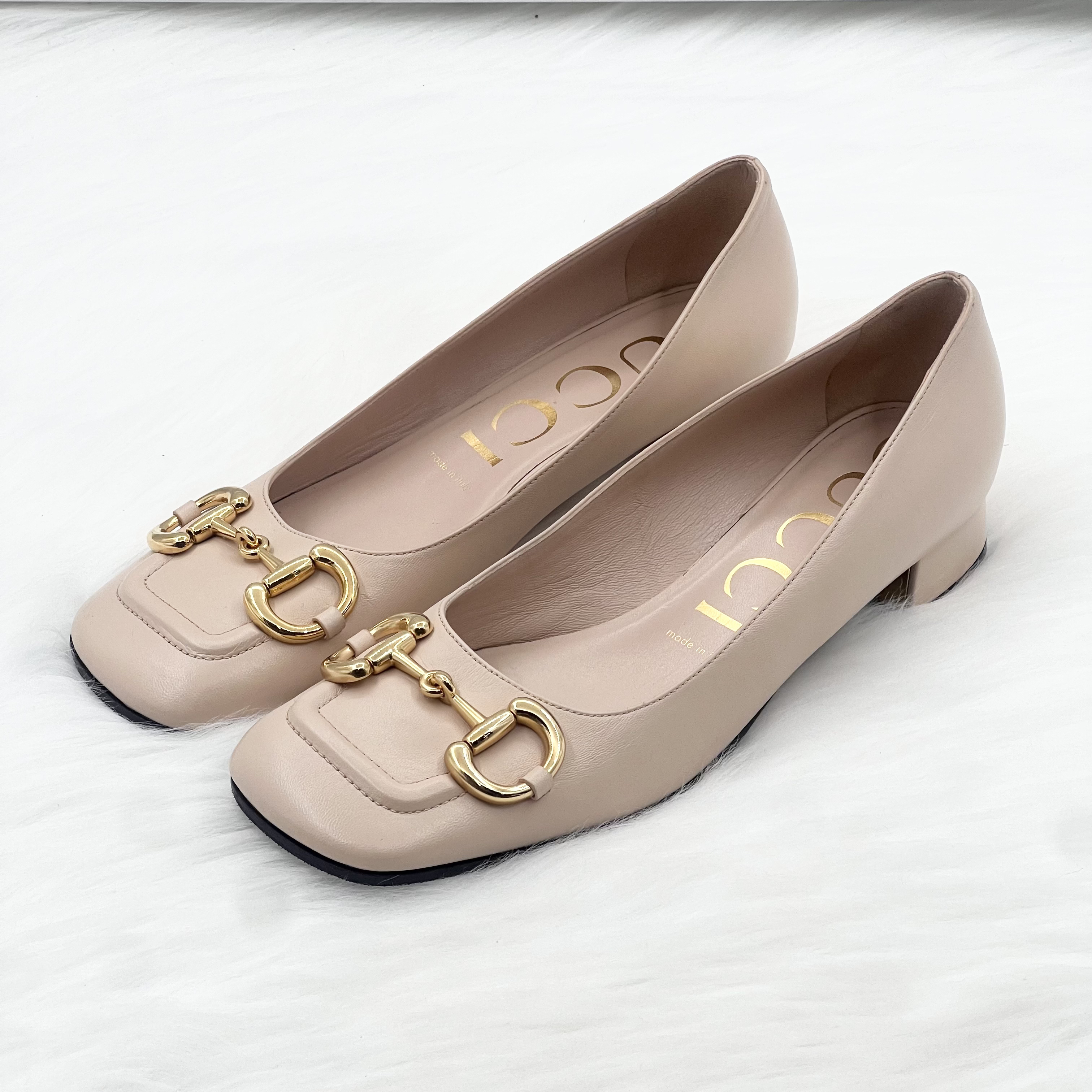 99新 GUCCI/古驰 裸粉马衔扣方头单鞋 38.5码 公价7.2k cd034