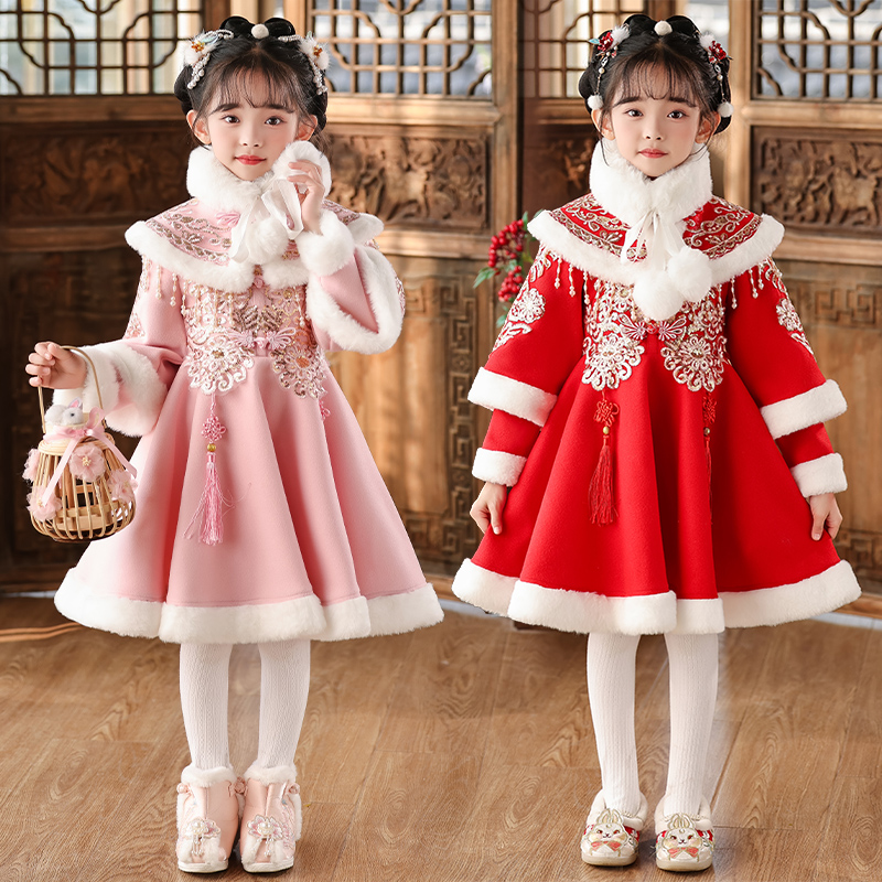 女童拜年服冬季新款加绒加厚汉服儿童旗袍唐装裙中国风洋气公主裙