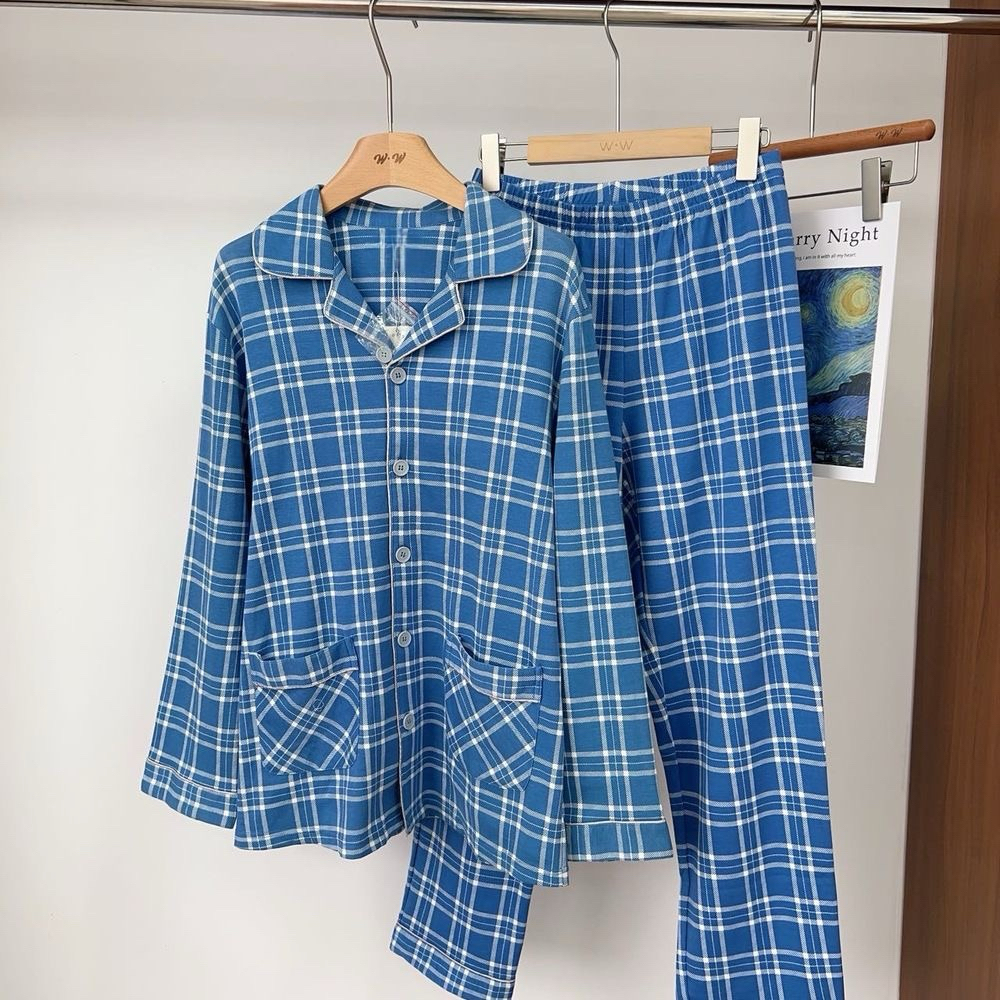 豆家男女士纯棉舒适格子长袖睡衣秋冬家居服套装566