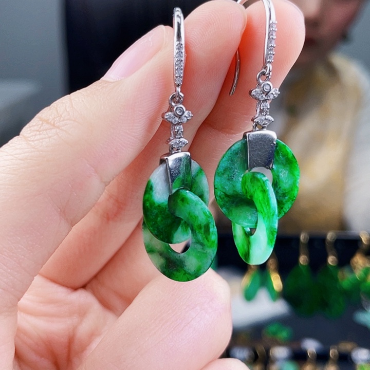 翡翠耳饰银S925镶嵌饰品