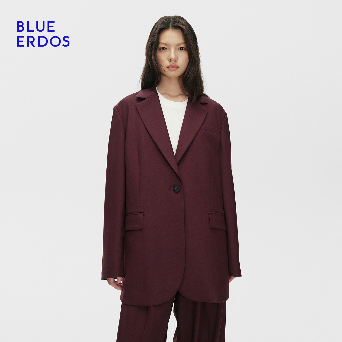 BLUE ERDOS 25早秋新品复古摩登酒红色单粒扣女西服外套B256J1008