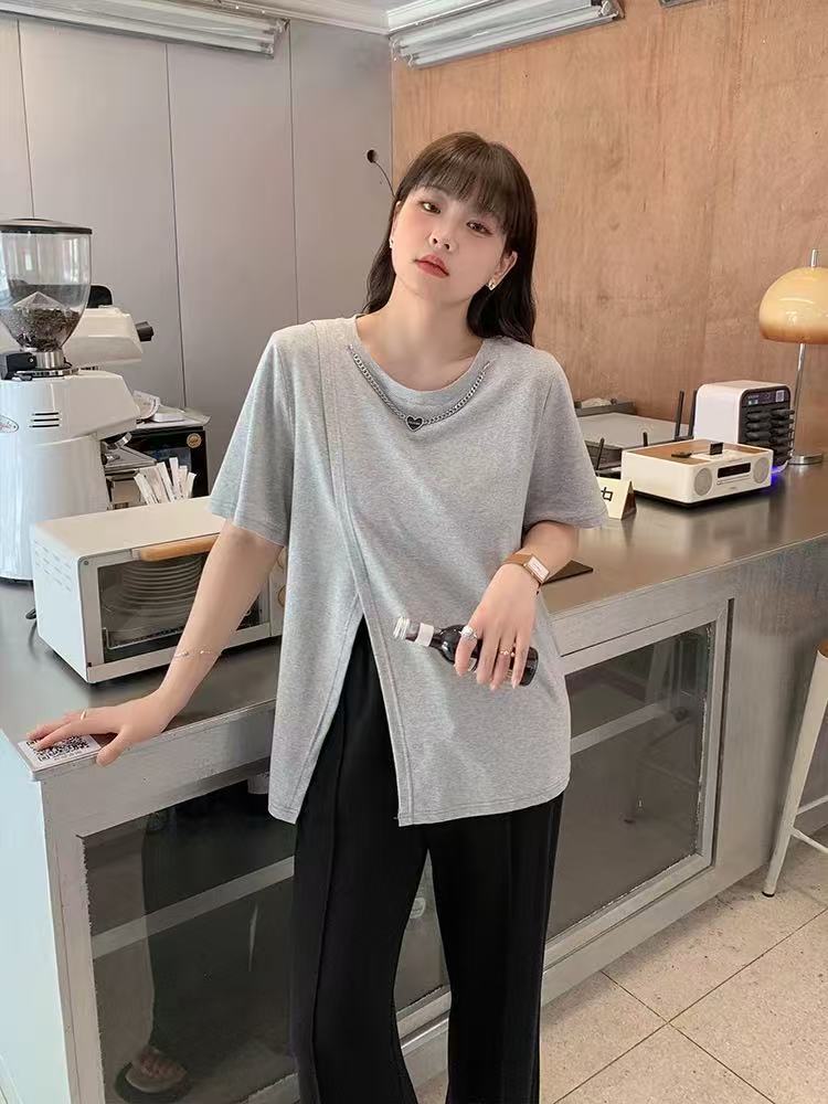 6219 短袖t恤女夏正肩显瘦微胖宽松遮肉项链设计感小众开叉不规则