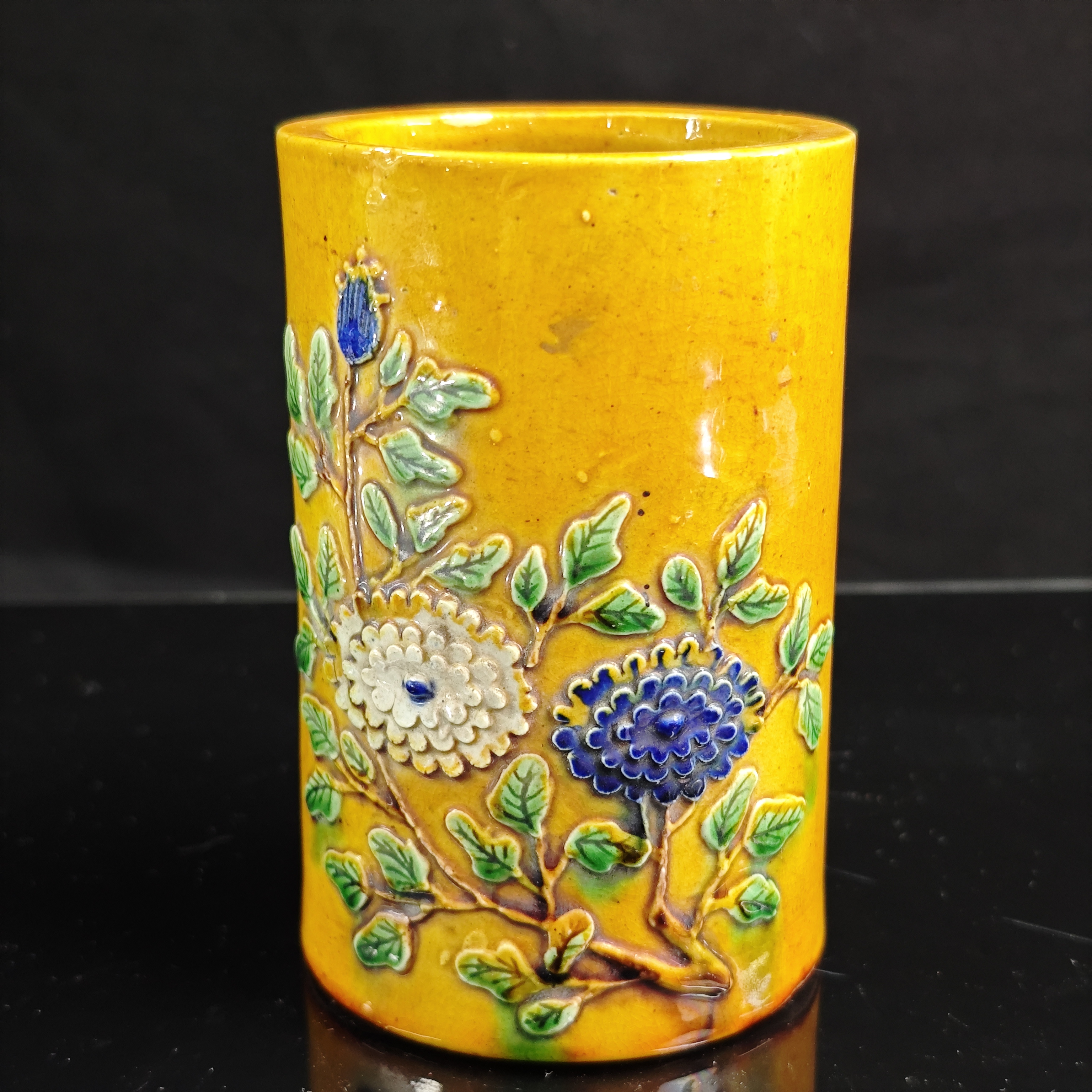 清 同治 黄釉堆雕花卉笔筒古陶瓷GS-0176-高度13 口径8