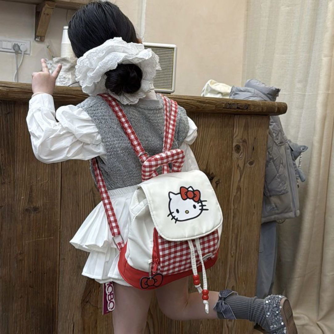 2025小清新手提抽绳卡通kt猫红格子小双肩包少女通勤背包可爱背包