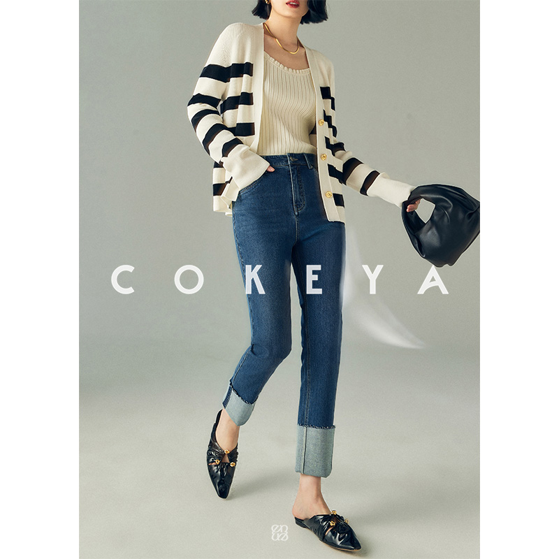 COKEYA/自由翻边烟管裤莱赛尔环保水直筒毛边牛仔裤EWB1TY003