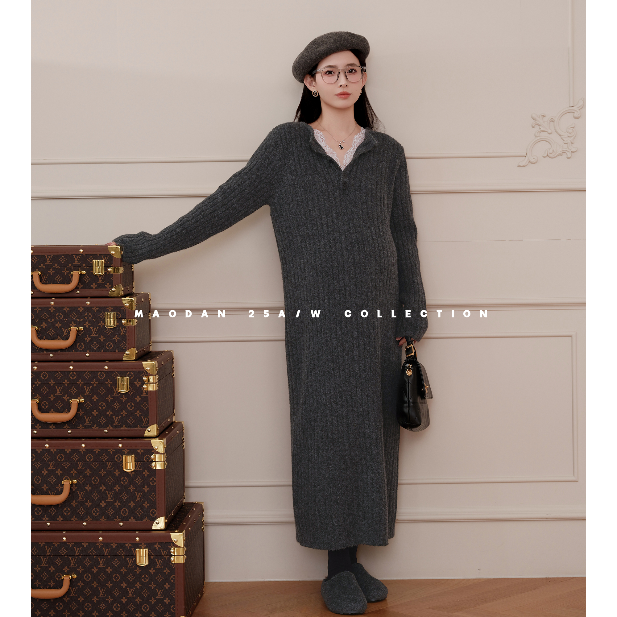 maodan/猫单【晨雾都市】【羊毛】孕妇装秋冬新品时尚假两件连衣裙