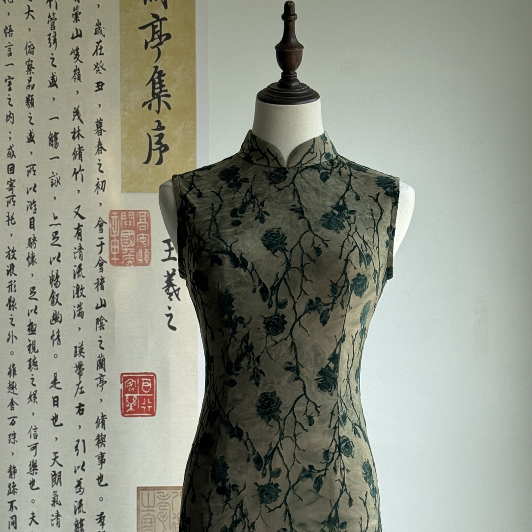 三小姐（单绿玫瑰）长114+夏季新款轻薄无袖款显瘦弹力日常款旗袍