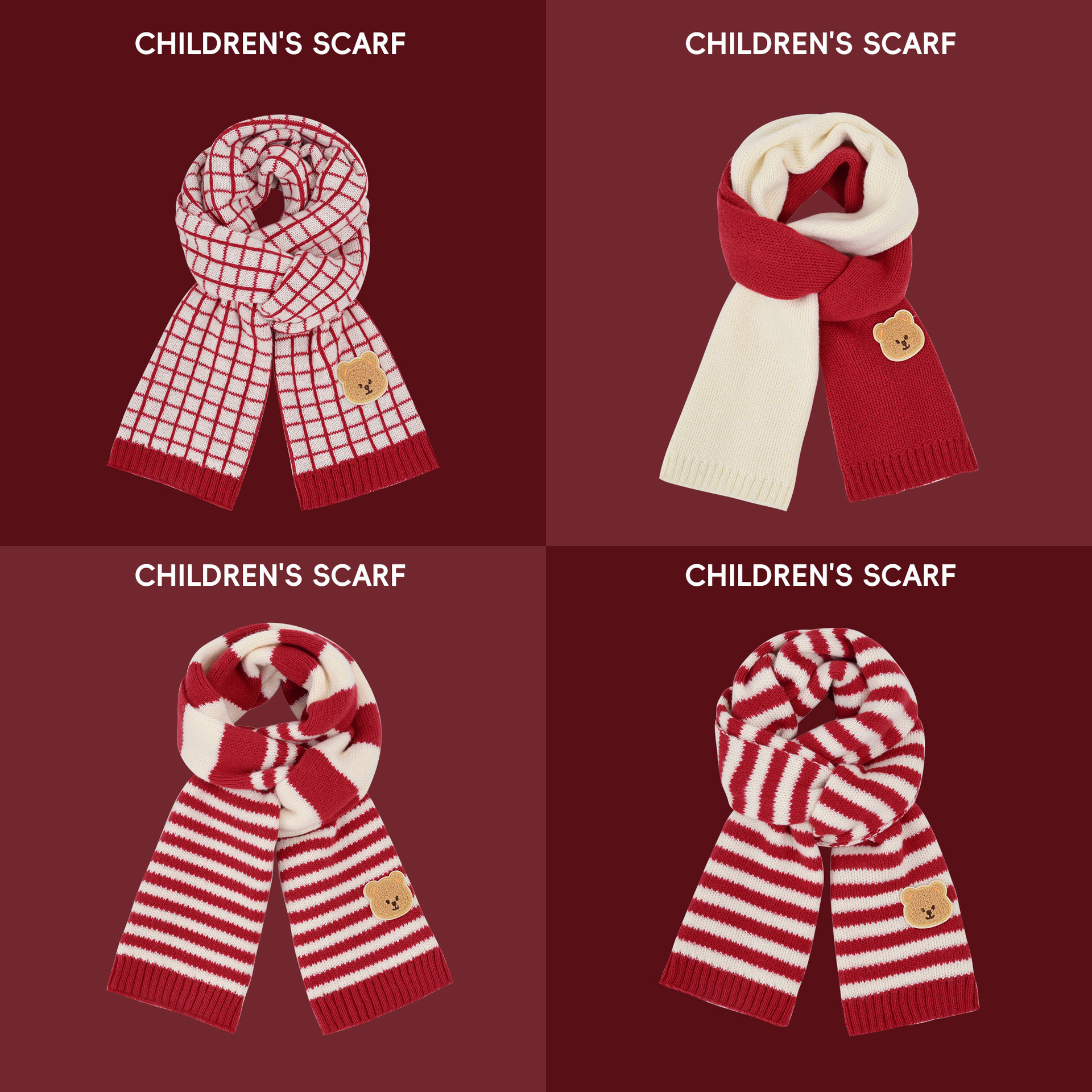 新年圣诞儿童围巾可爱小熊红色围巾秋冬季保暖百搭围脖WL