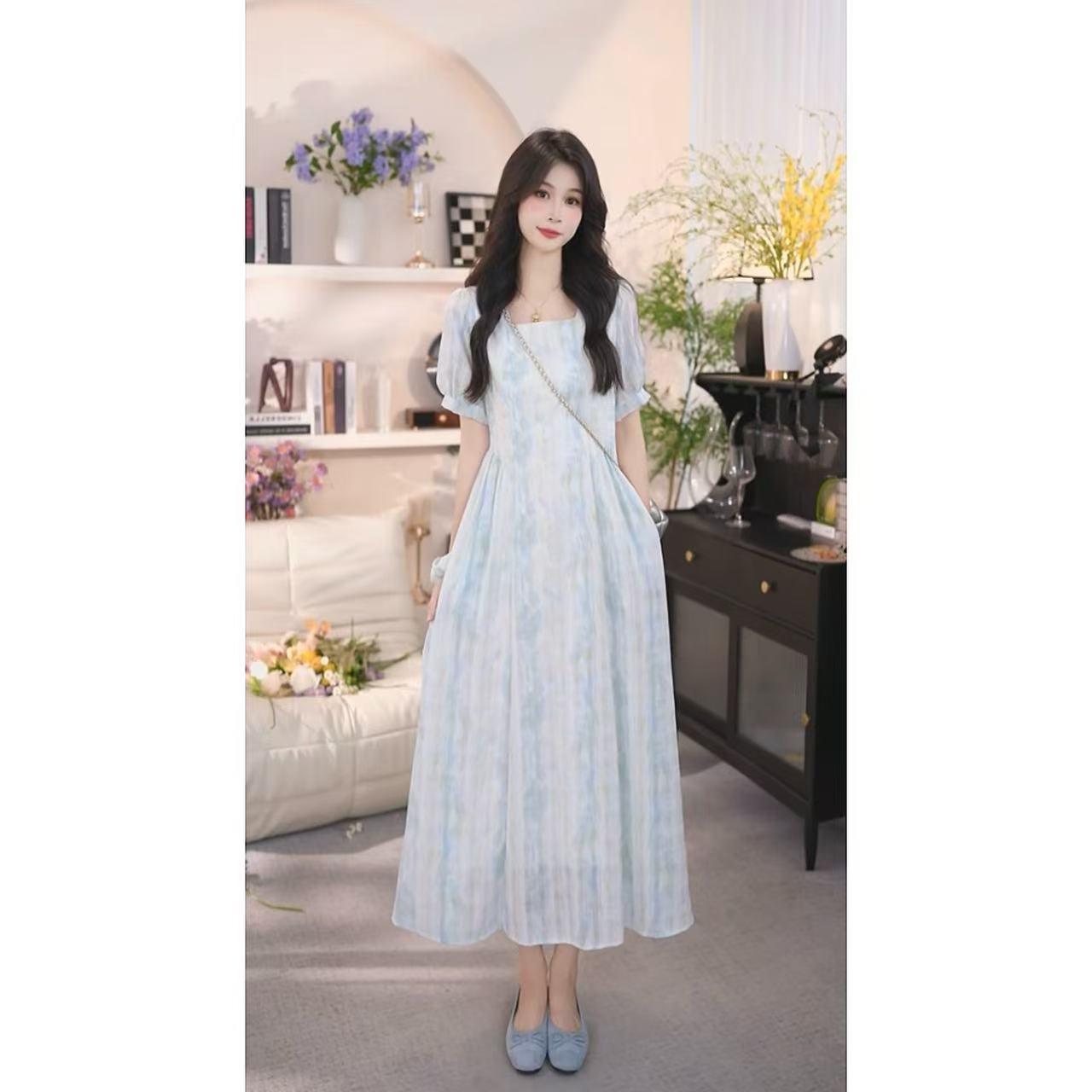 【有口袋】蓝色晕染收腰夏季新款方领晕染系时尚显瘦温柔连衣裙1512