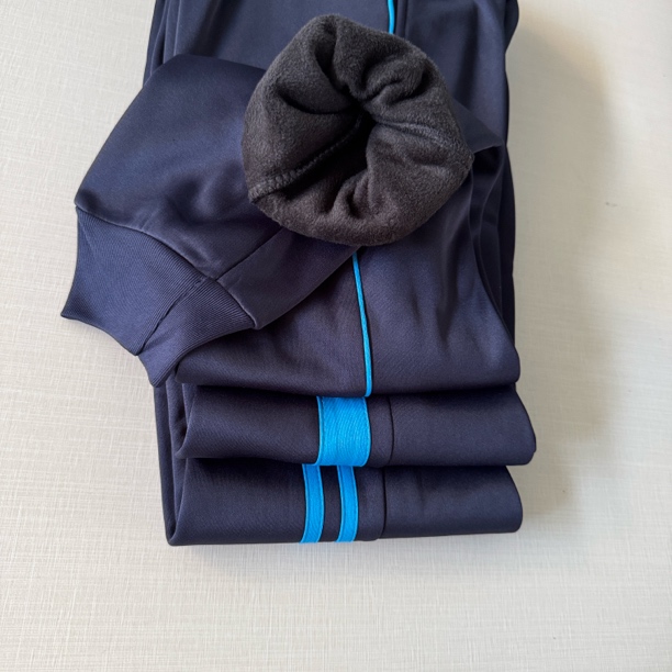 藏蓝色蓝条加绒束脚初高中小学生通用秋冬宽松运动校服裤子