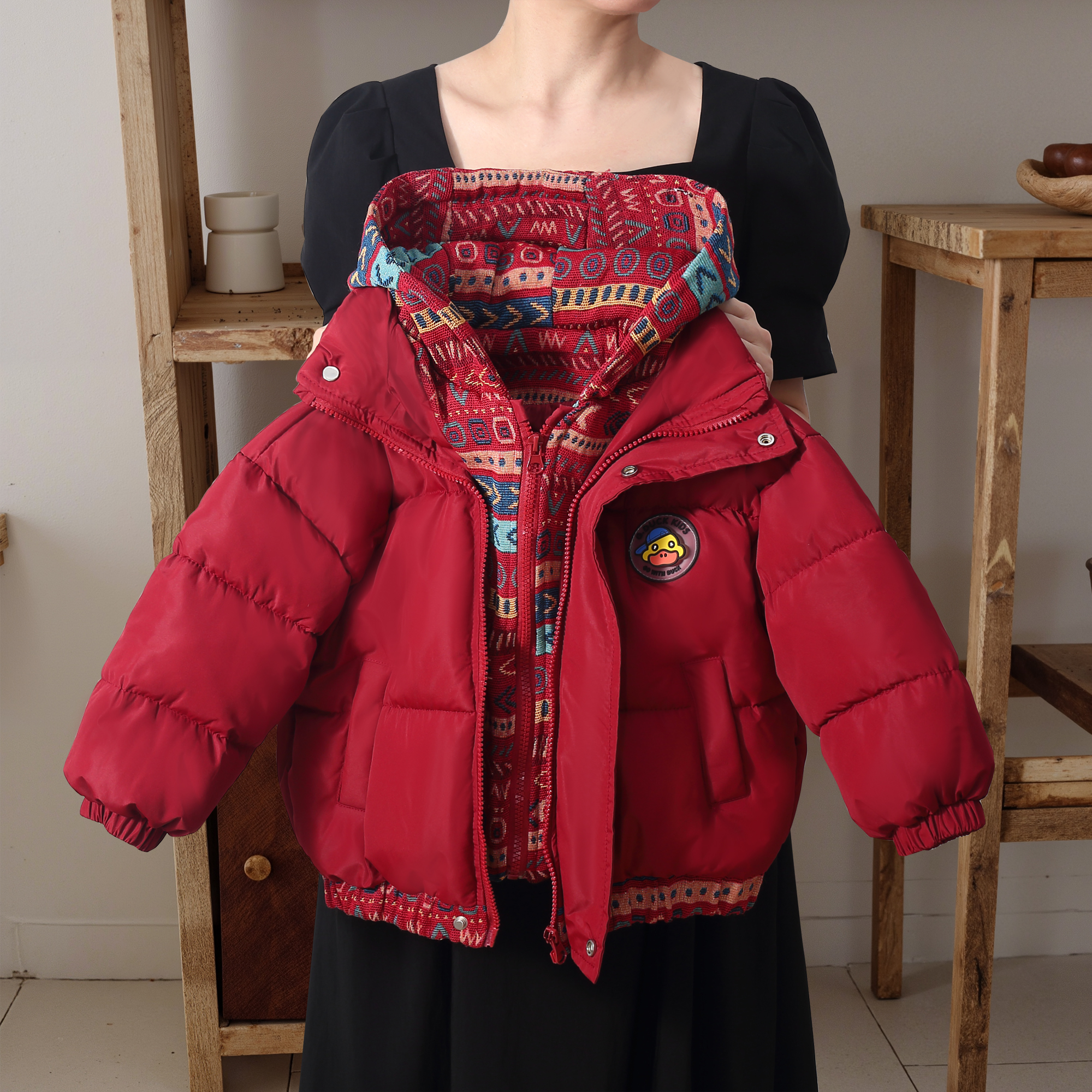 【HJ】2025新款童装加厚棉服儿童假两件短款连帽棉袄冬季外套