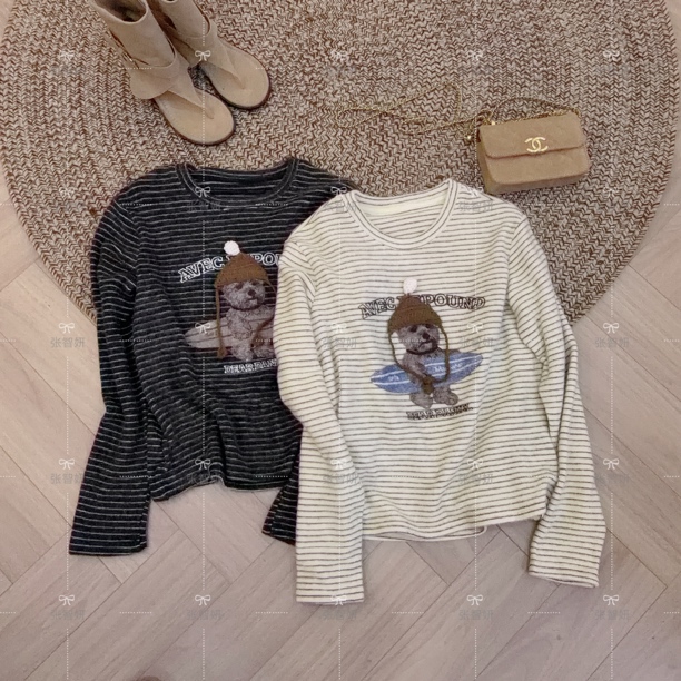 【帽子小狗】冬上新加绒字母卡通印花条纹上衣长袖T恤