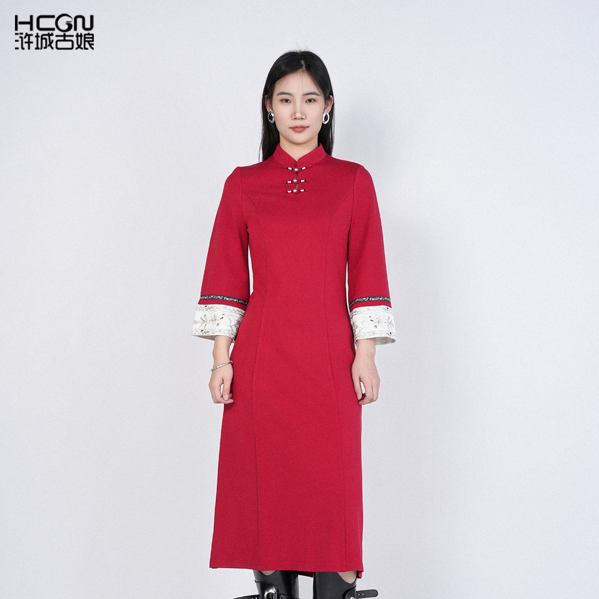 浒城古娘春季新款盘扣高贵气质女长裙子通勤忆香连衣裙HASS010073