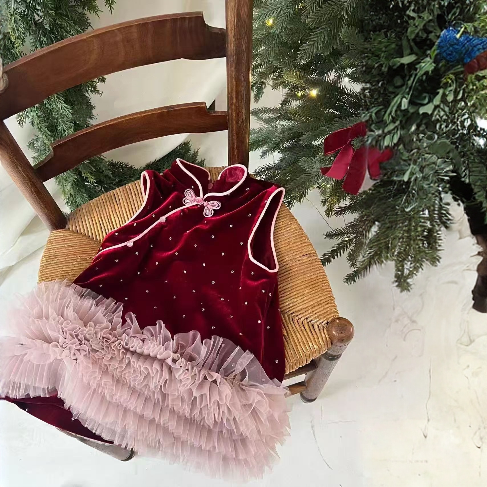 重磅推荐！高定拜年服公主裙女宝宝红丝绒背心裙唐装洋气礼服冬季