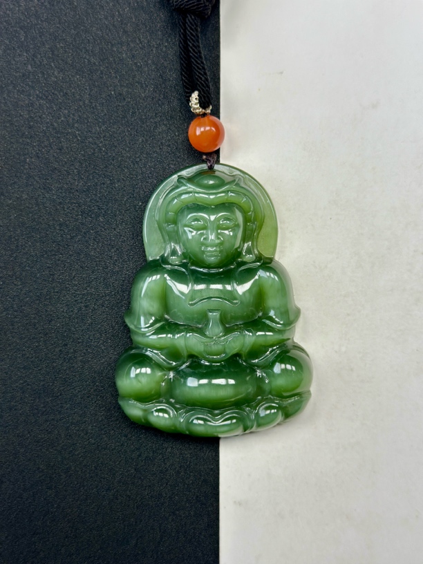 【俄料】和田玉碧玉 猫眼 冰猫眼 正装立体观音牌 