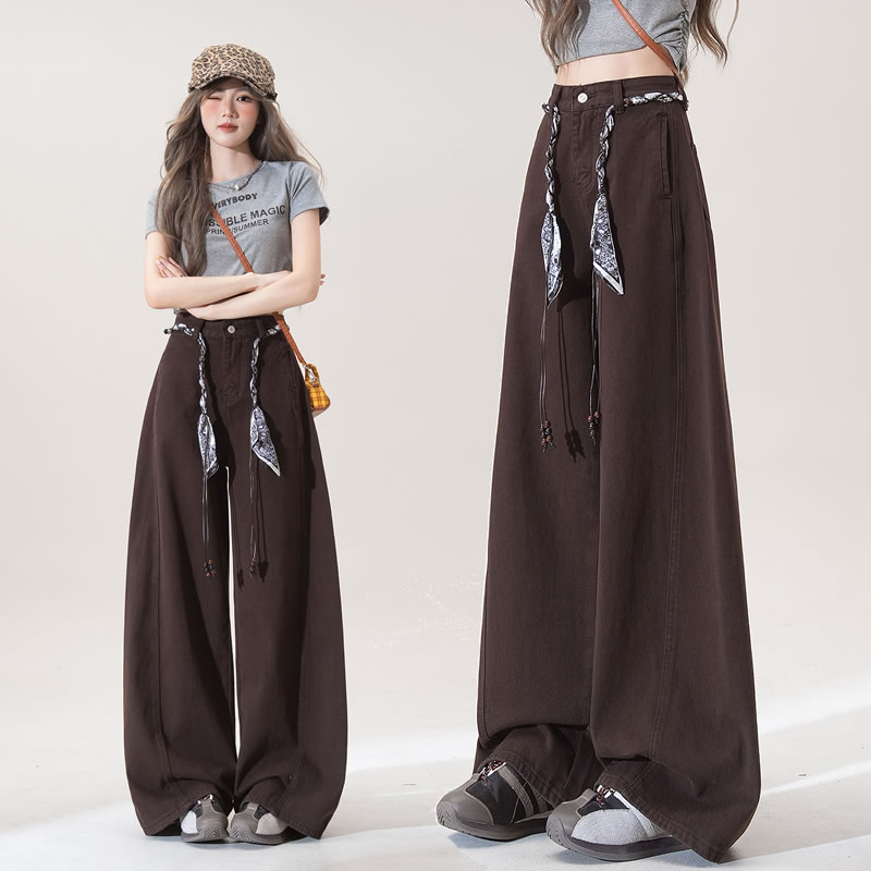 美式复古阔腿裤女2025秋季新款丝腰带百搭直筒休闲拖地长裤子潮
