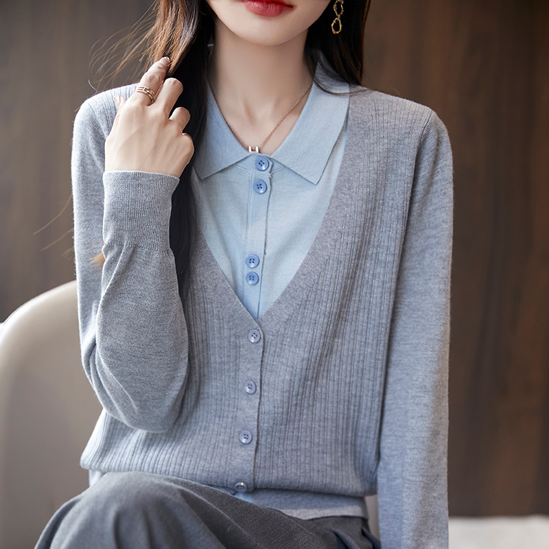 NSY221-04 25春季新款女士假两件羊毛开衫气质百搭POLO领长袖针织