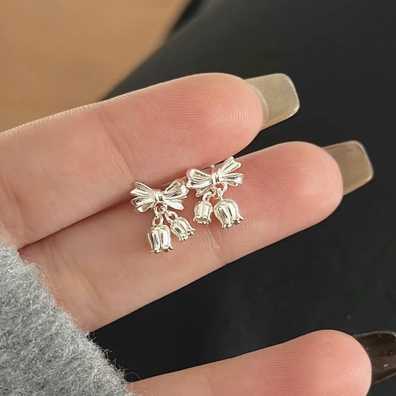 足银耳饰 足银990螺丝蝴蝶结铃兰花耳钉国风精致百搭耳环银色耳饰