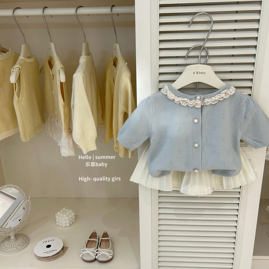 现【乐恩baby】2025夏女童甜美蓝色针织衫开衫百褶半身裙洋气两件套