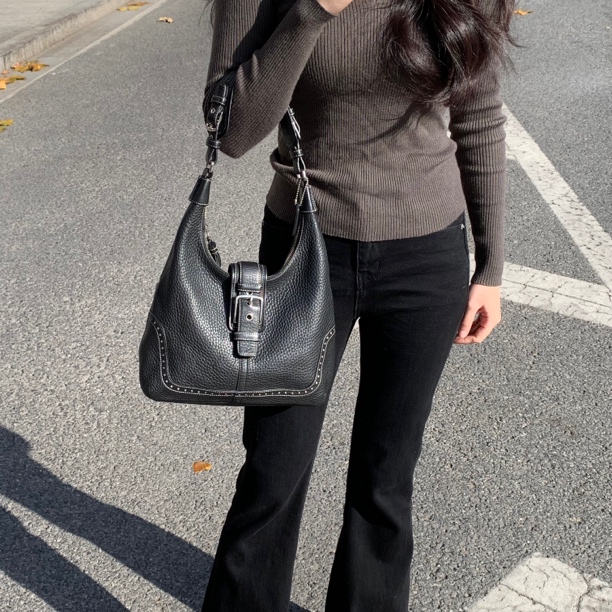 99新 COACH/蔻驰 Coach黑色荔枝牛皮银扣大号Jackie单肩腋下包