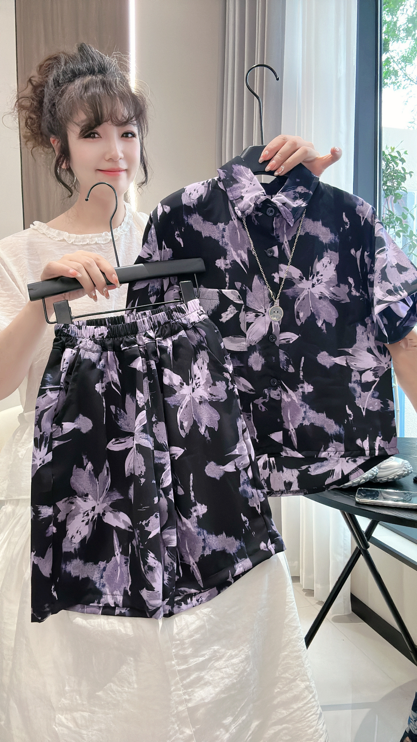 【难以抵抗】夏季新款儿童黑紫叶子衬衣款套装轻薄透气冰感衬衫套装