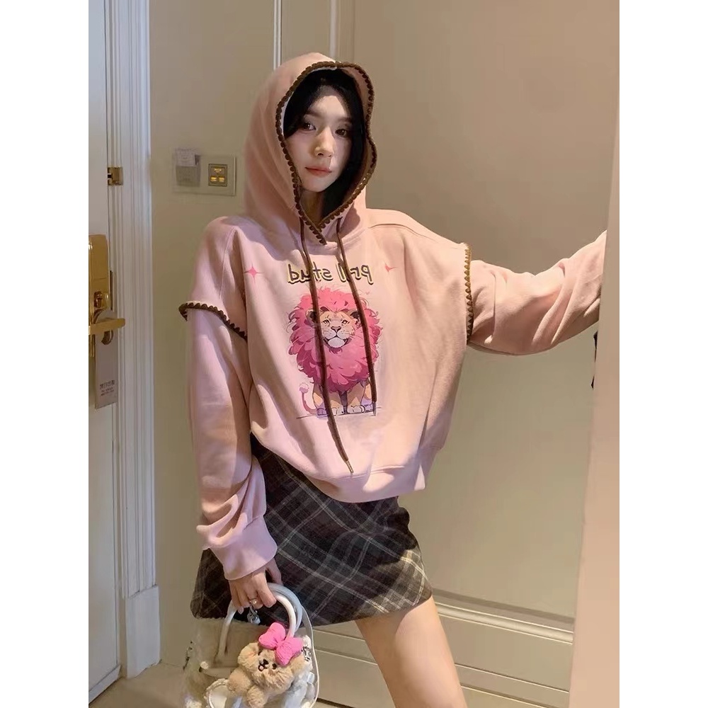 韩版时尚百搭宽松印花狮子连帽慵懒风卫衣DSQ 1007