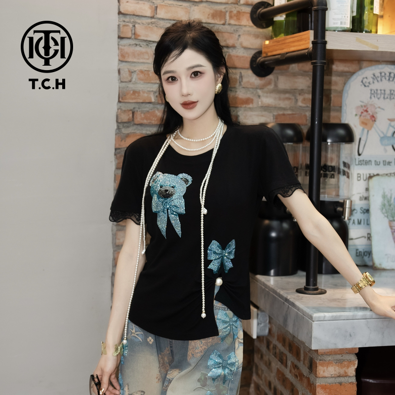 TCH私服烫钻工艺百搭舒适卡通T恤女T75B10E5028轻奢洋气tch